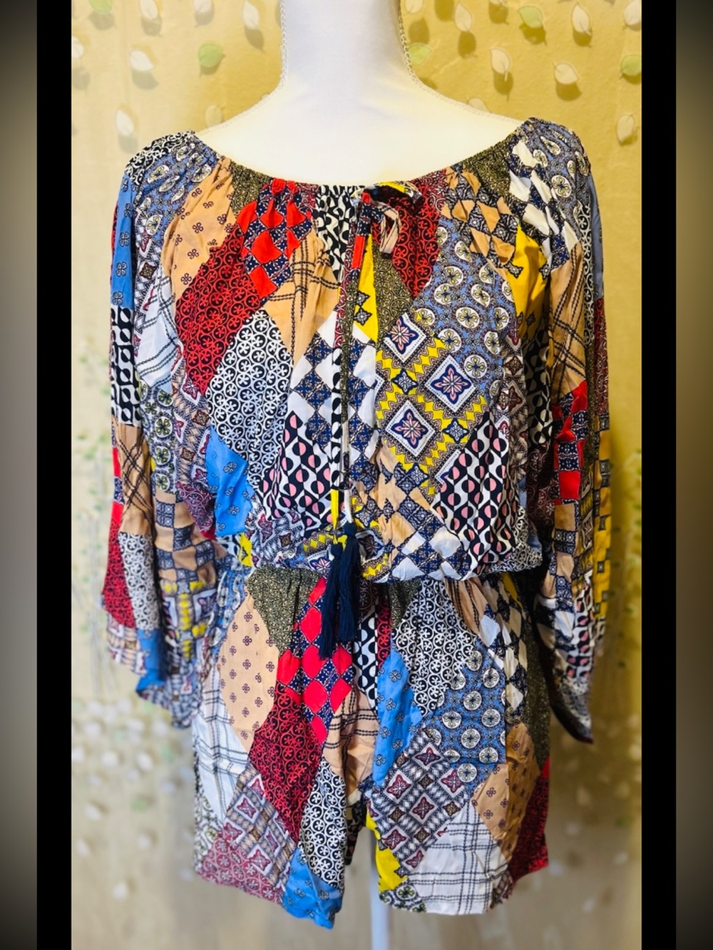 NWT KyeMi Patchwork Boho Romper Multicolor Mixed Print Tassel Tie Womens S Hippy